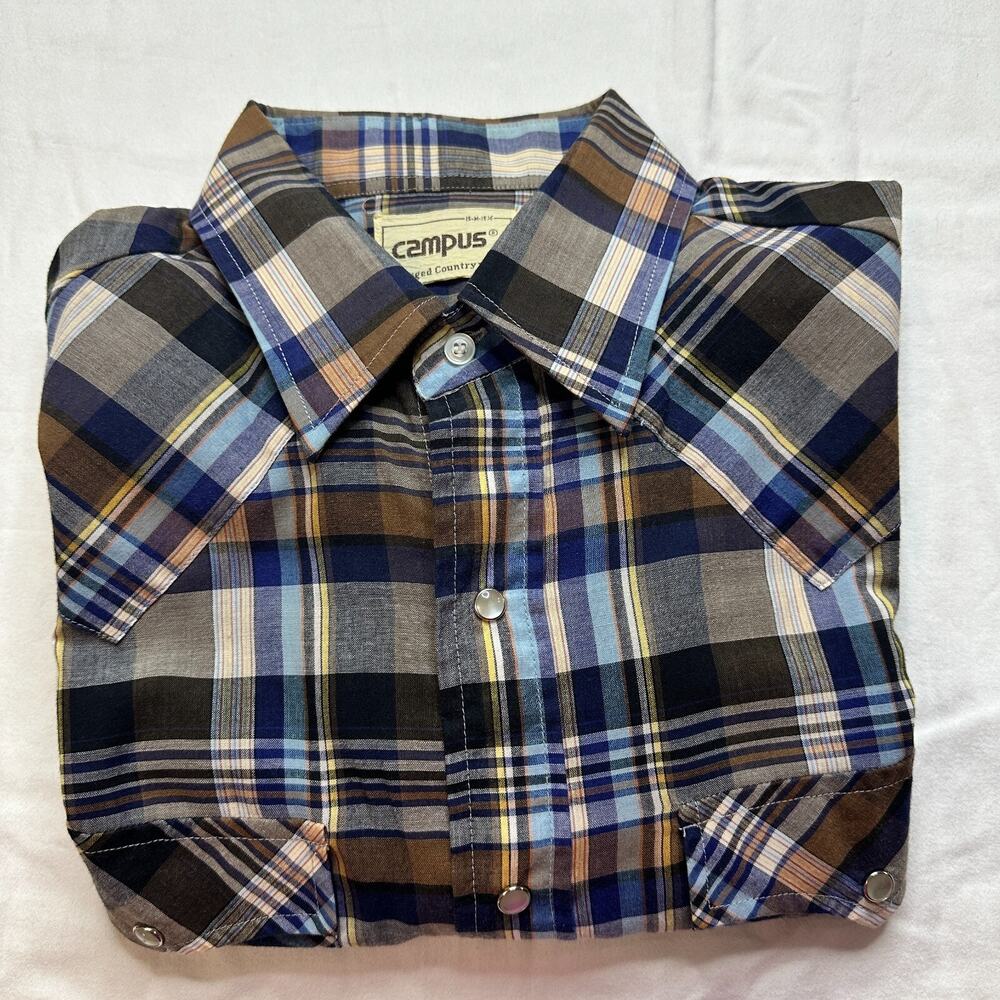 VTG Campus Rugged Country Shirt Men 15 M 15.5‎ Pearl Snap Blue Plaid Western